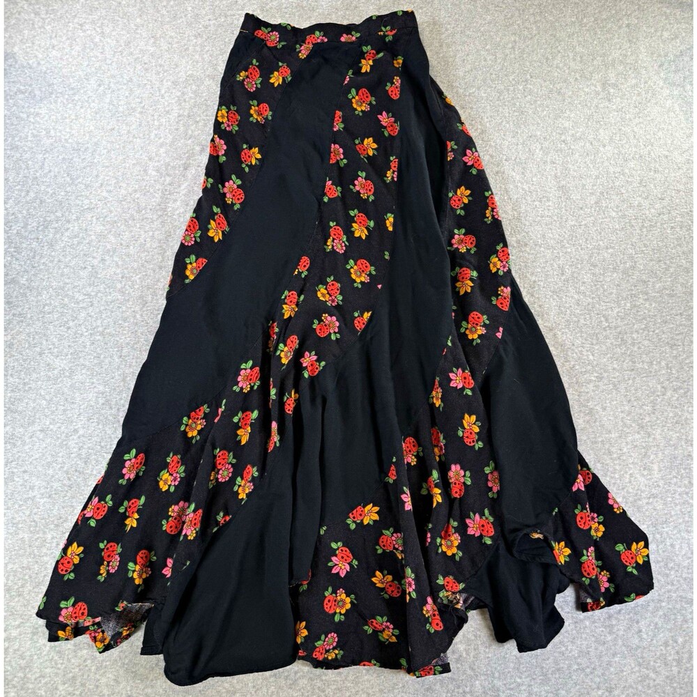 VTG Mr. Leslie Black Maxi Skirt Ladybug Whimsygoth Boho Festival Hippie Floral